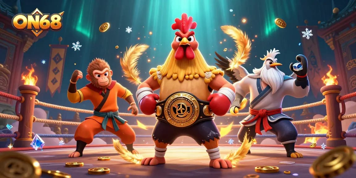 Engage in thrilling bets at ON68 with our fierce characters in action amidst vibrant casino elements.