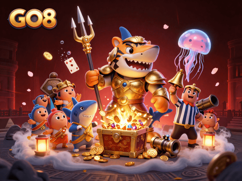 GO8 players engage in thrilling underwater action with a ferocious tiger shark, emphasizing excitement and casino gameplay.