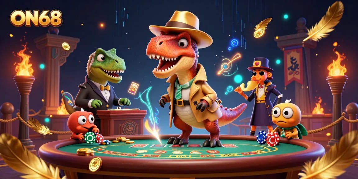 Experience thrilling gameplay at ON68 with a velociraptor card counter and unique casino elements.
