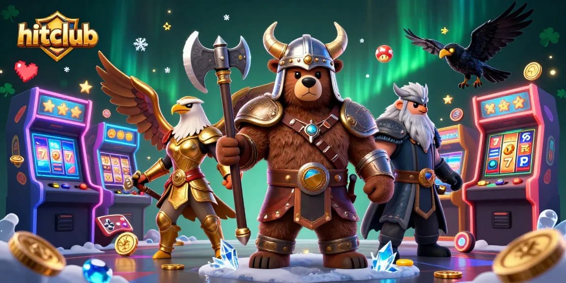 Spin and win with hitclub's vibrant casino scene featuring Viking bears, eagles, and game elements.