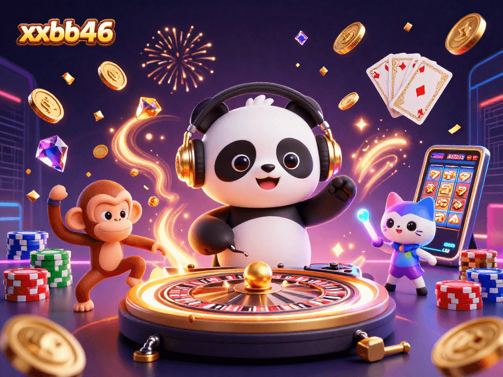 Experience the fun of xxbb446 with a lively 3D casino scene featuring a DJ panda and vibrant animations.