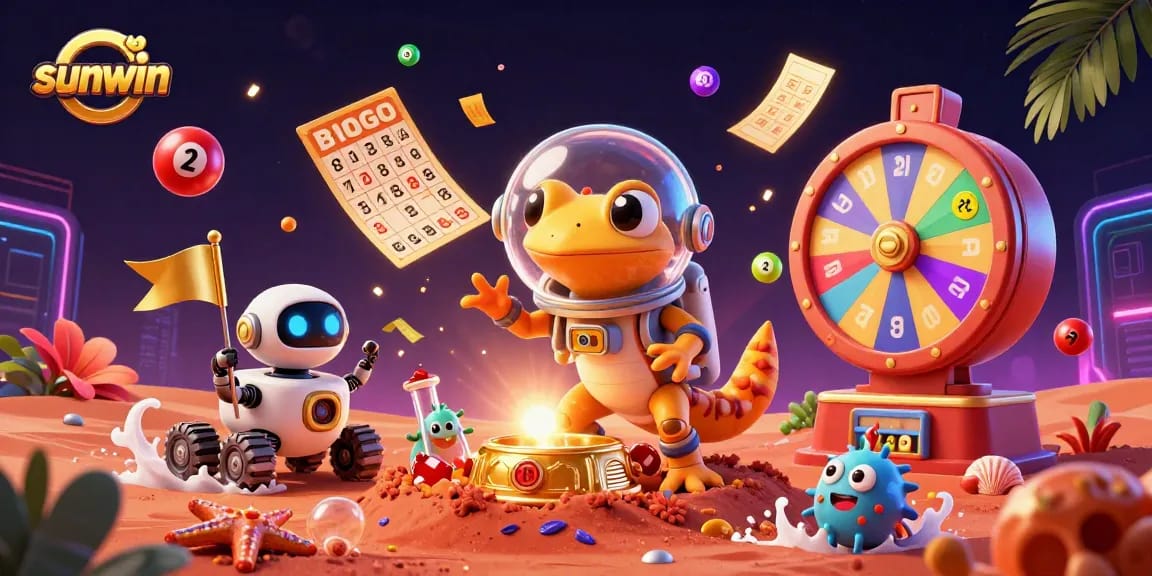 Join the sunwin Martian gecko and robot sidekick celebrating casino wins amidst vibrant lottery elements.