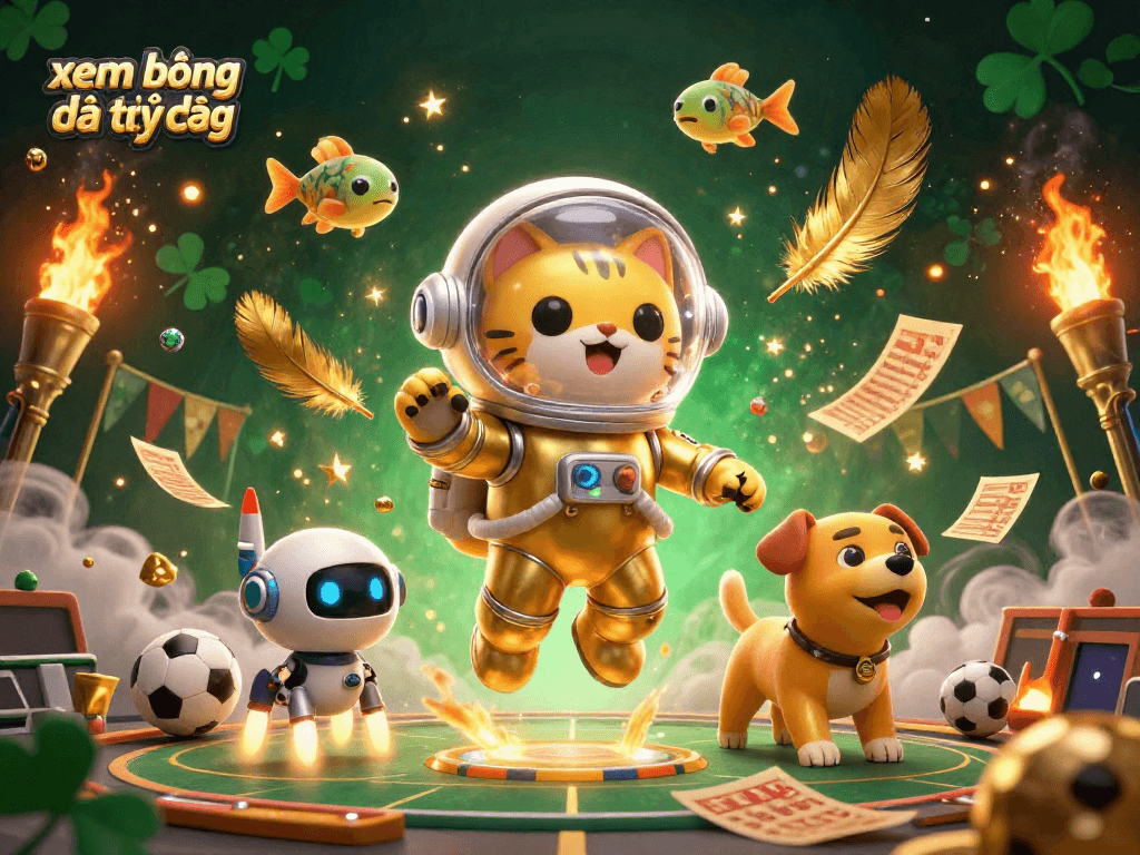 xem bóng đá trực tiếp with a space cat, robot dog, and alien fish in an energetic sports betting scene