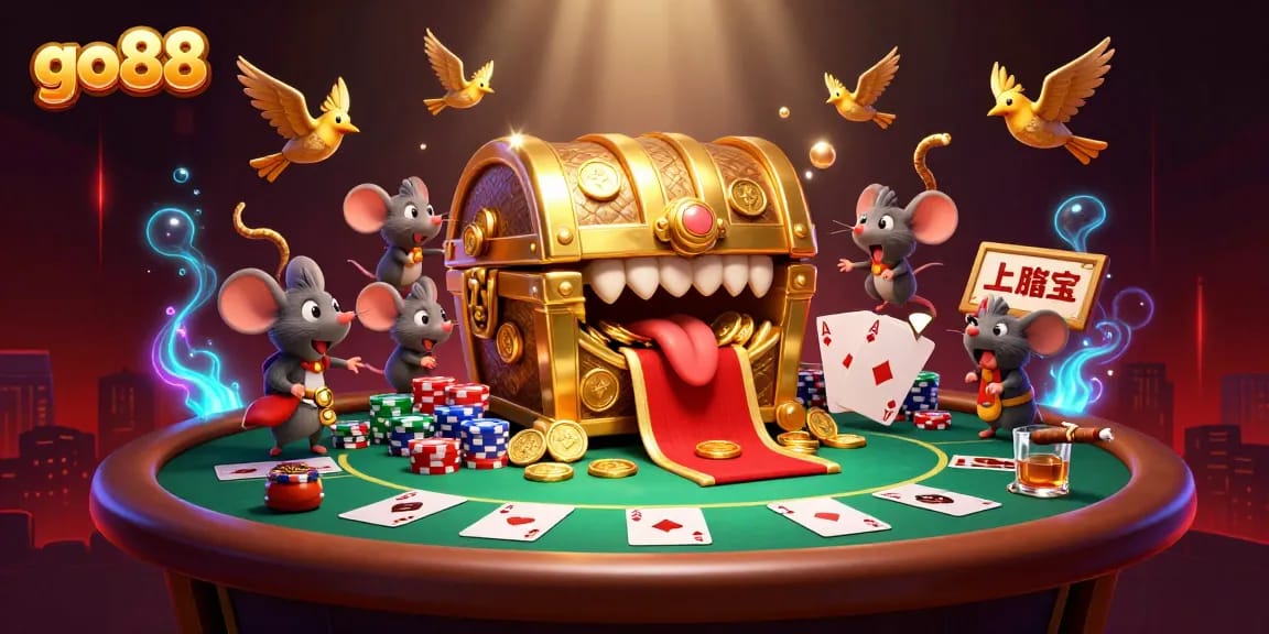 go88 casino treasure chest attractively lures mice with poker elements in vibrant 3D scene