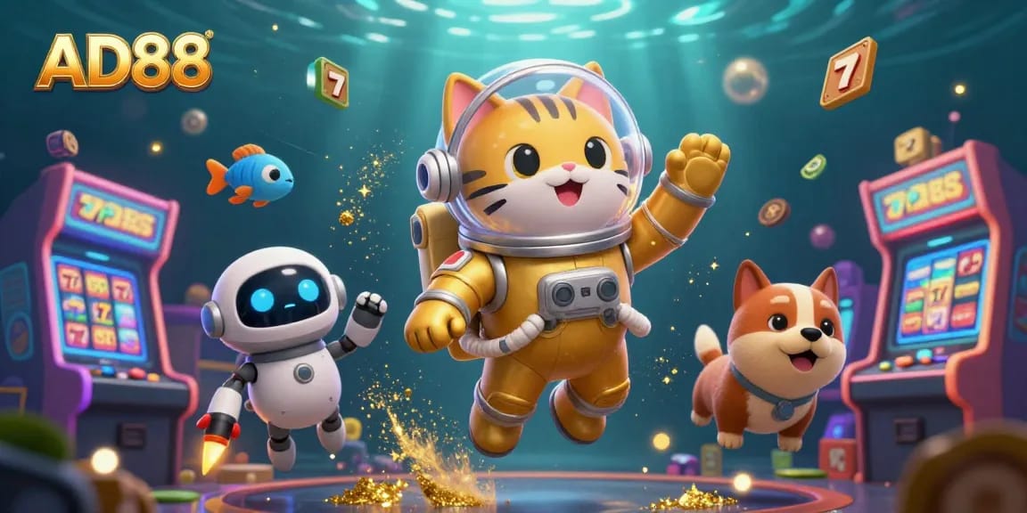 Win big with AD88's vibrant 3D casino scene featuring an astronaut cat and robot sidekick!