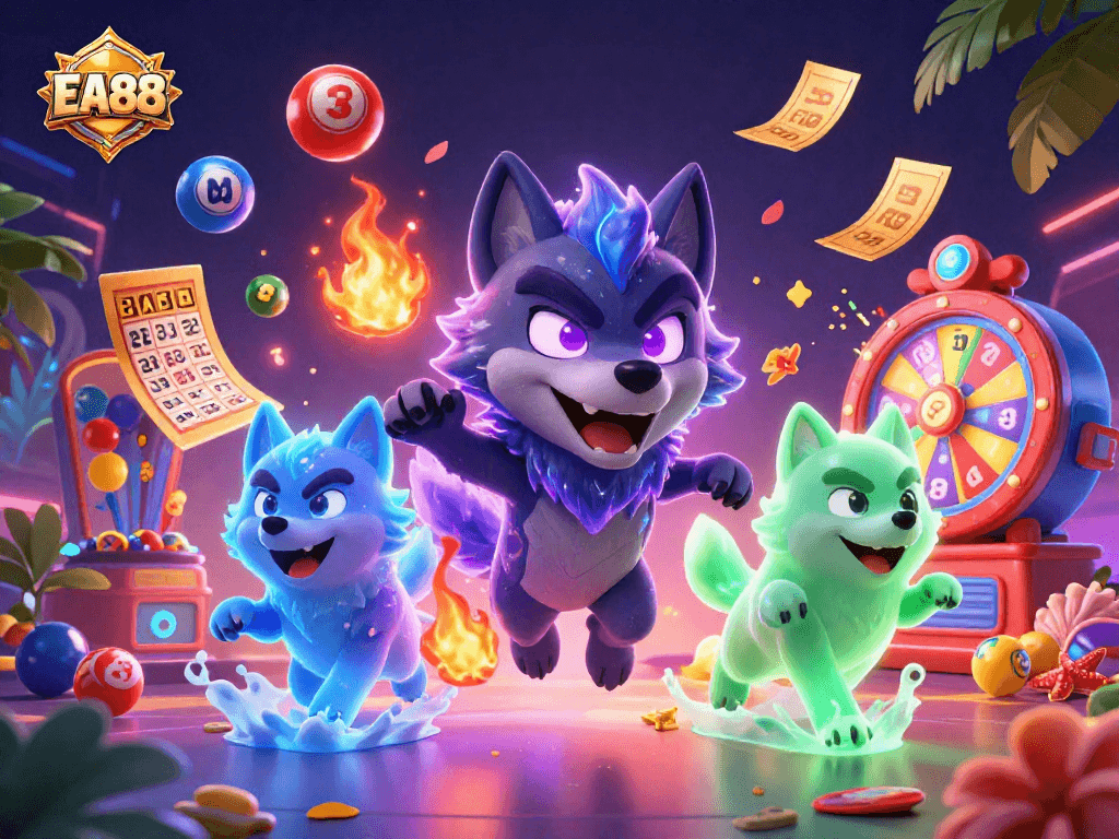 EA88 brings excitement to players with vibrant lottery elements and ghostly wolf characters in a dynamic scene.