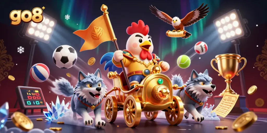 Experience go8 gaming thrills with a rooster warlord in a golden chariot amidst dynamic sports action.
