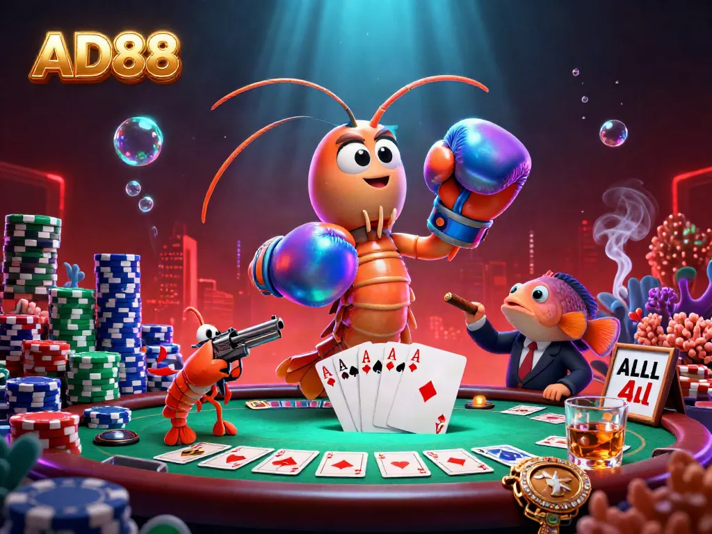 Engage in gaming excitement at AD88 with a vibrant scene of the mantis shrimp and friends in a poker showdown.