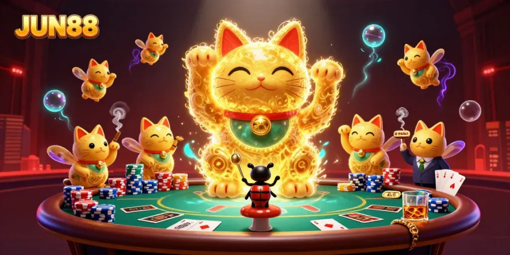 Experience exciting gameplay at JUN88 with a dynamic illustration of a lucky cat and casino symbols.