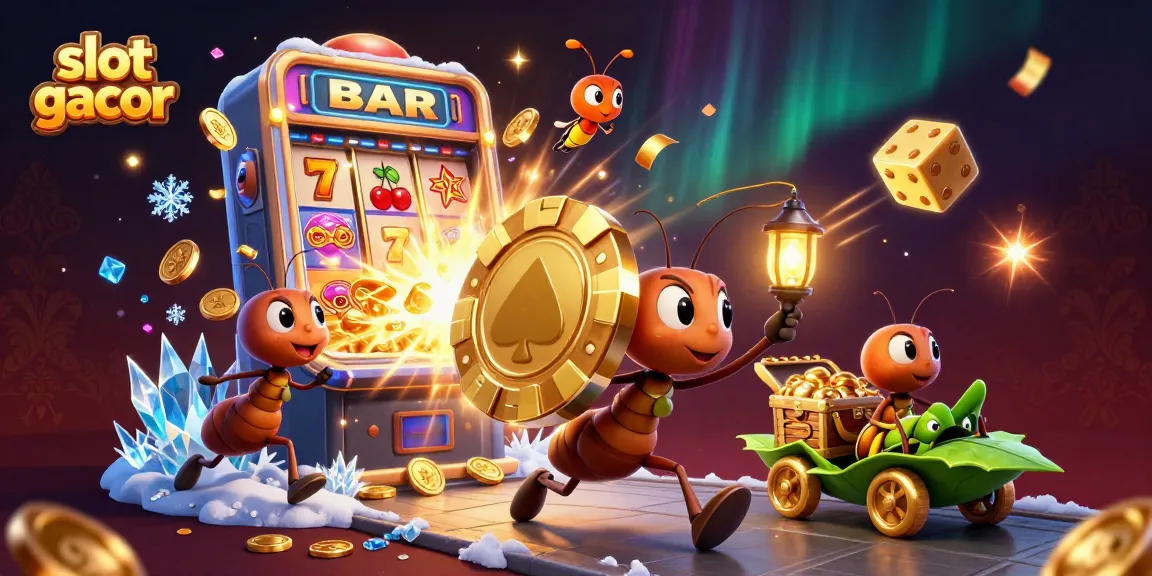 Engage with slot gacor strategies as cartoon ants heist golden poker chips in a vibrant casino scene.