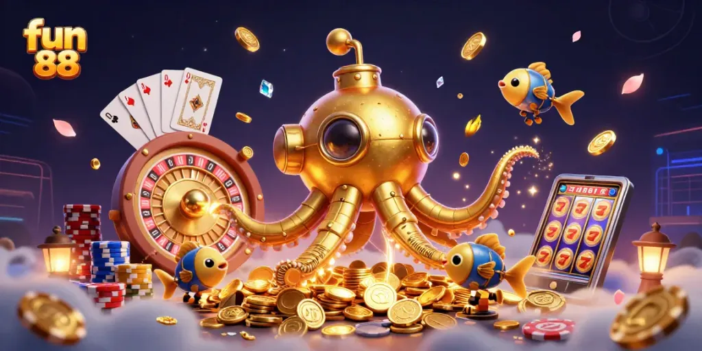 Experience excitement with fun 88 as a kraken submarine emerges amidst cascading coins in a vibrant casino scene.