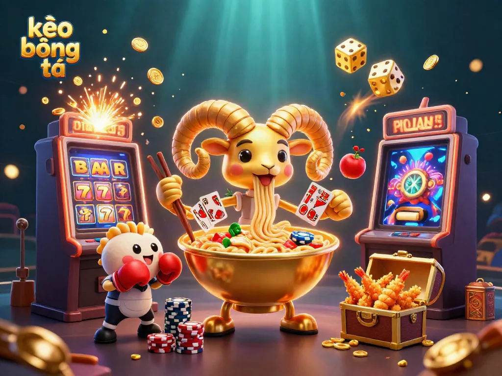 Engaging scene of kèo bóng đá with characters featuring a giant ramen bowl and cheering tempura shrimp, surrounded by animated casino elements.