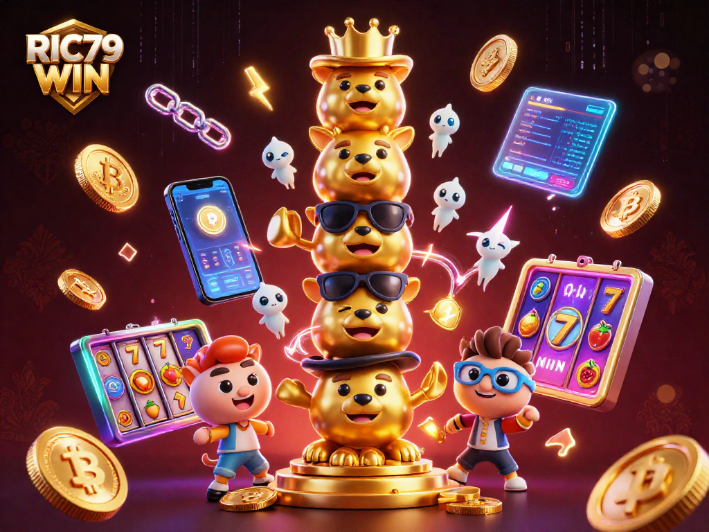 Experience the thrill of RIC79 WIN at this vibrant digital casino scene filled with glowing crypto coins and dynamic slot elements.