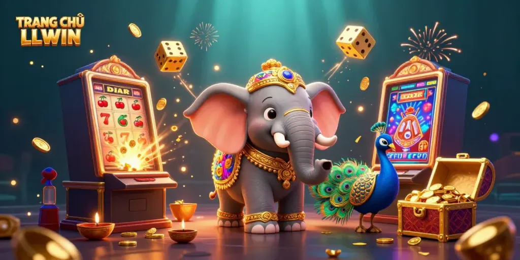 Experience the excitement of TRANG CHỦ LLWIN with vibrant 3D slot and gambling elements exploding in a colorful scene.