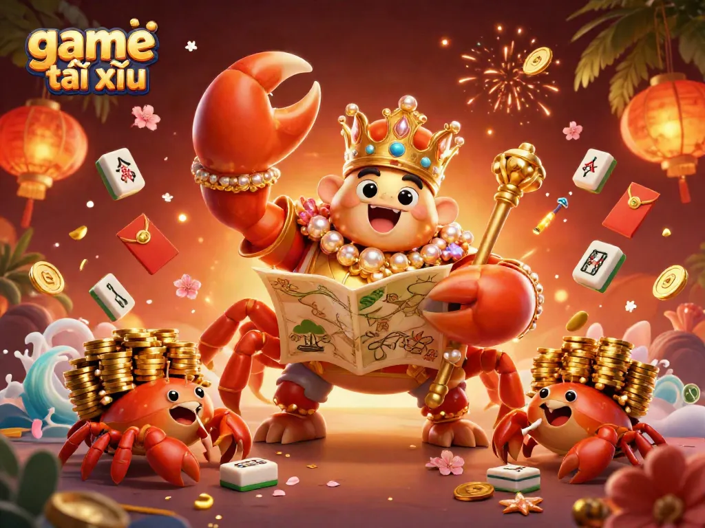 Experience the excitement of game tài xỉu with a golden crab emperor and vibrant casino elements.