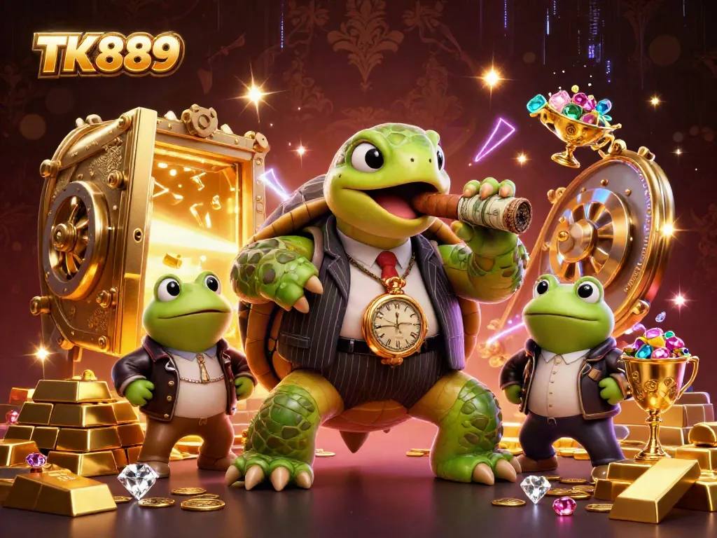 Experience the thrill of winning at TK889, featuring a vivid casino scene with characters and treasures.