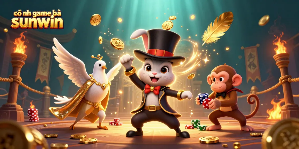 Engage with the cổng game bài sunwin in an animated scene with magical rabbits, poker chips, and golden coins.