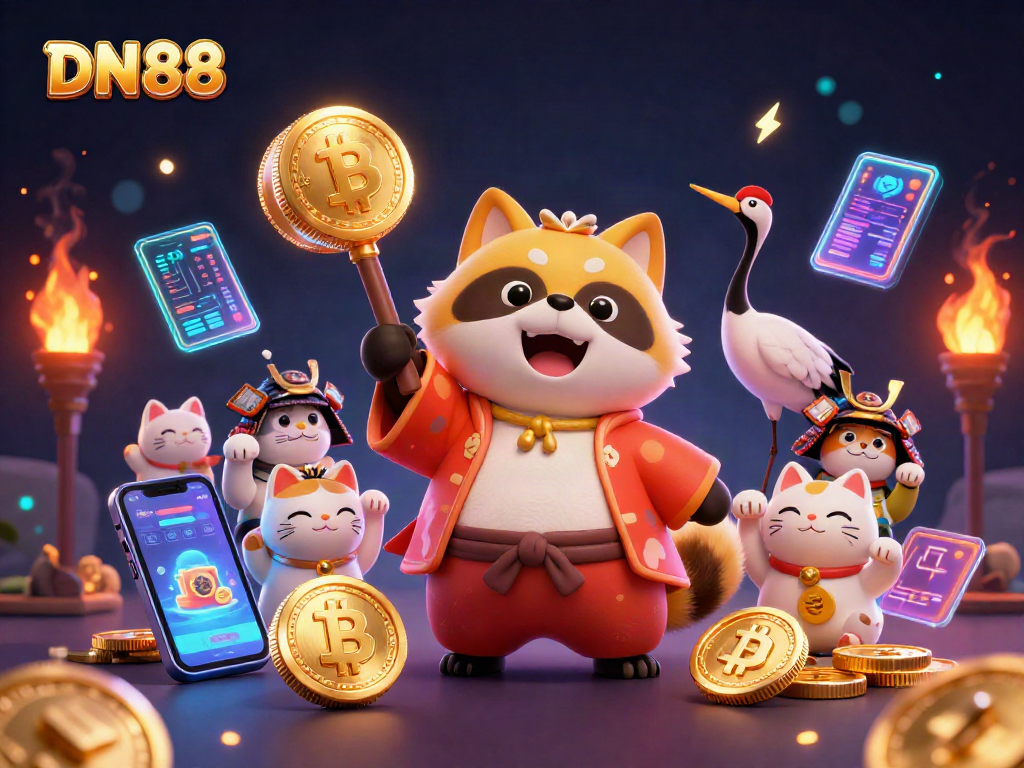 Win big with DN88’s vibrant casino fun featuring a cheerful tanuki and crypto elements.