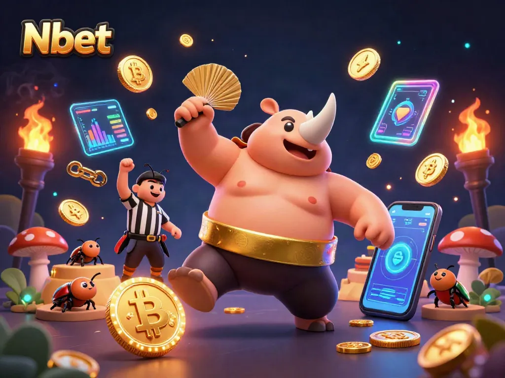 Engage with Nbet - a vibrant illustration of a sumo champion beetle amidst flying coins and neon crypto elements.