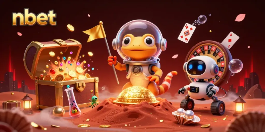 Martian gecko exploring a hidden casino, highlighting nbet's exciting gaming elements and vibrant atmosphere.
