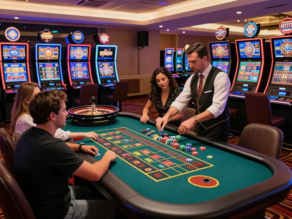 Exciting gaming atmosphere at an online casino not on Gamstop with diverse players around a roulette table.