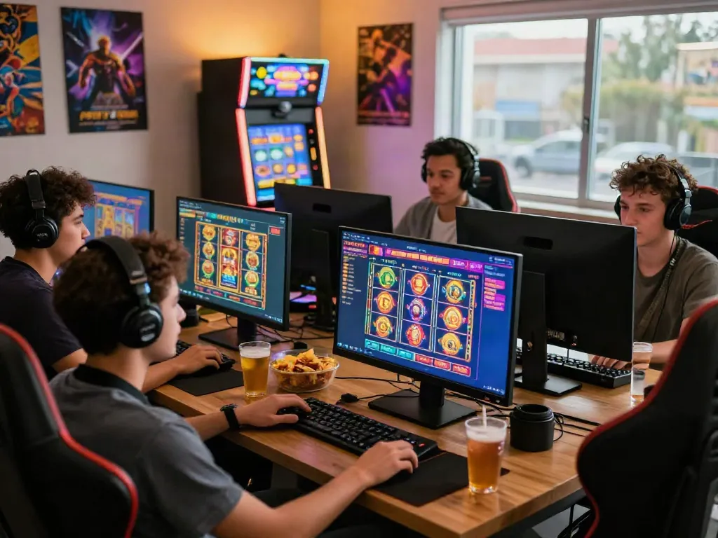 Social gaming experience with friends enjoying online credit card casinos and slot games.