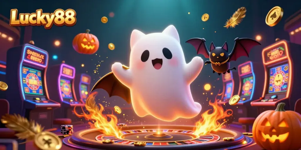 Engage with the lively Lucky88 casino featuring a ghost cat and bat in a vibrant gaming scene.