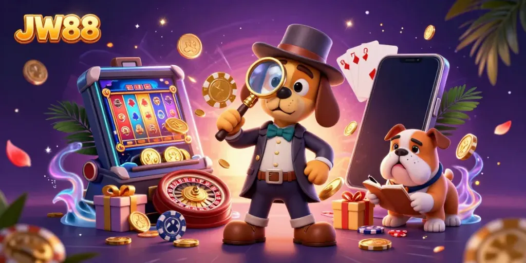 JW88 players enjoy exploring a vibrant casino atmosphere with a detective bloodhound and bulldog companions.