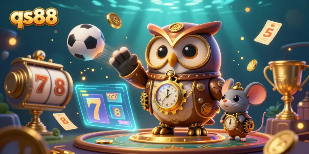 Engaging qs88 casino scene showcasing playful characters with vibrant gaming elements in a dynamic layout.