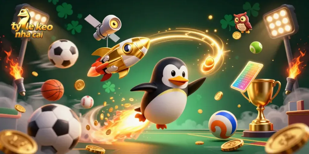 Watch the ty le keo nha cai in action as a golden penguin soars past a casino space station in a thrilling, detailed illustration.
