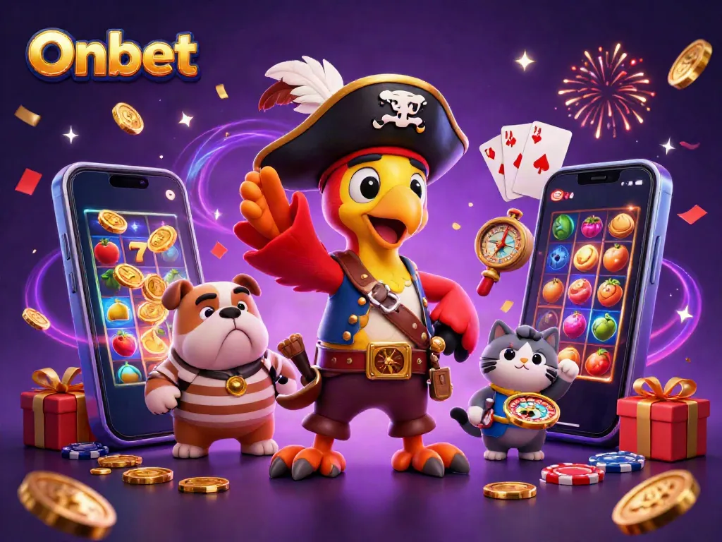 Onbet pirate-themed casino illustration with slot game action and festive elements.