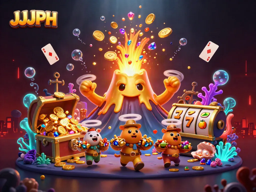 Experience the thrill of JJJPH with a triumphant golden volcano erupting coins and treasures.