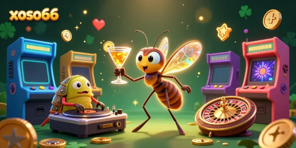 Get lucky with xoso66 as a cartoon mosquito mascot celebrates the thrill of casino gaming.
