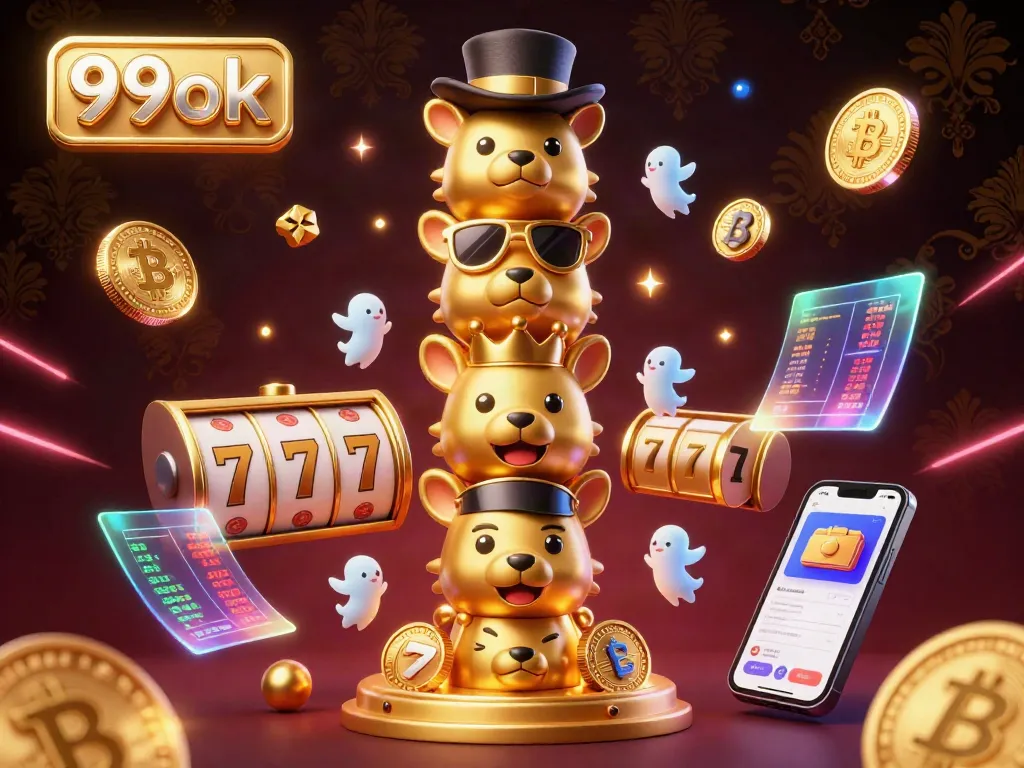 Experience the thrill of 99ok with dynamic slot reels and vibrant gaming elements in this captivating illustration.