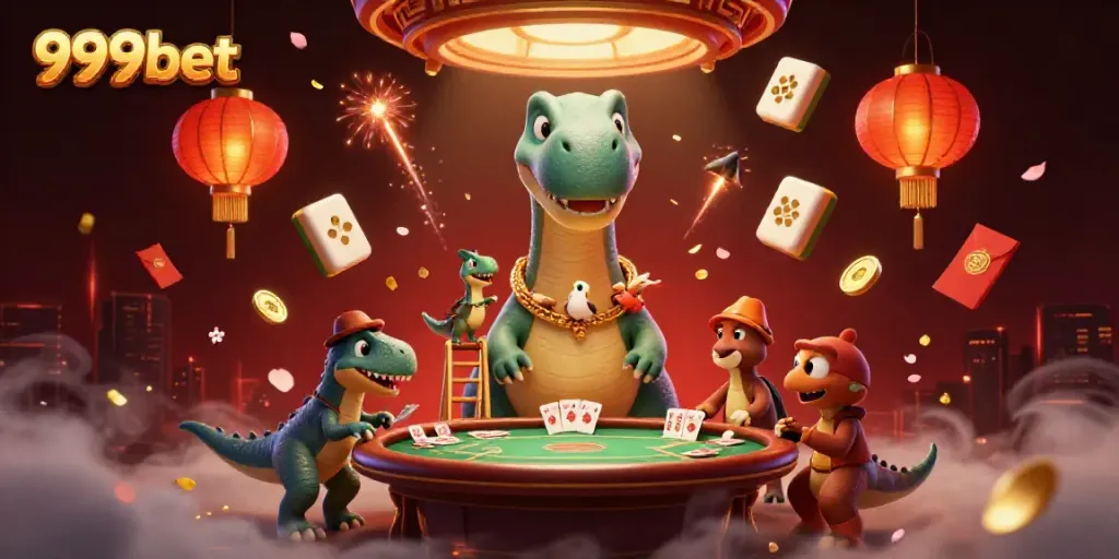 Experience the vibrant casino world with 999bet, featuring a playful dinosaur at a poker table.