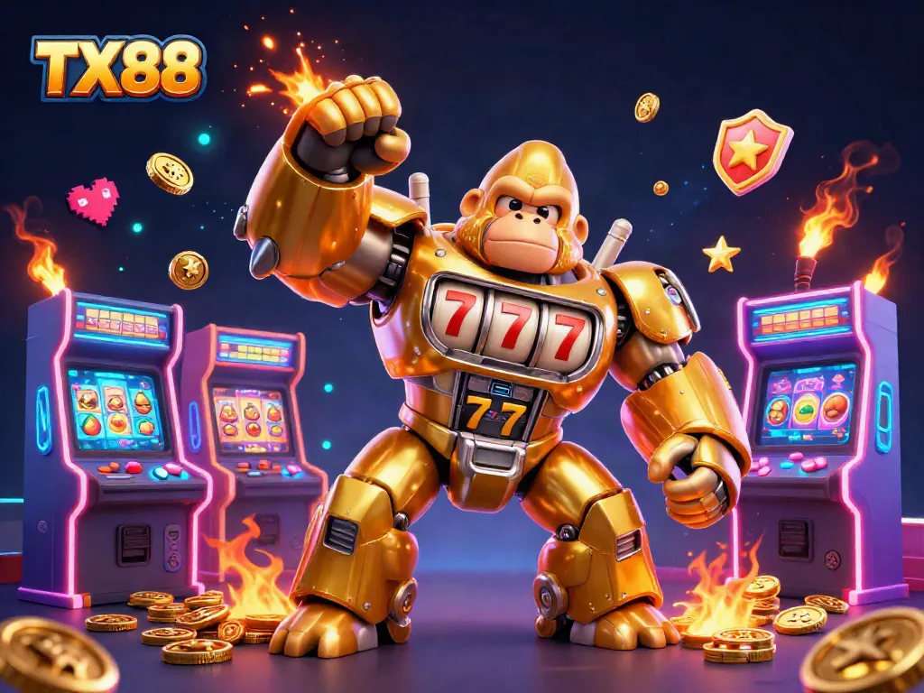 Experience the excitement of TX88 with a dynamic 3D gorilla mech and casino elements bursting with energy.