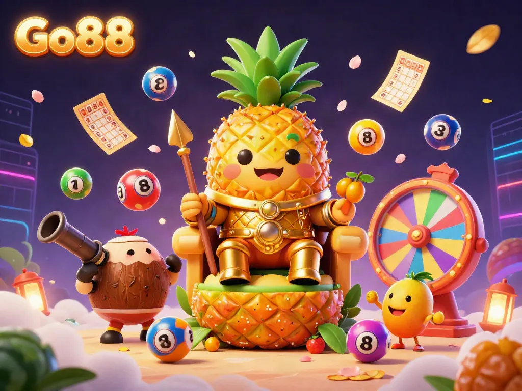Experience the excitement of Go88 with our vibrant 3D casino illustration featuring a golden pineapple king and dynamic game elements.