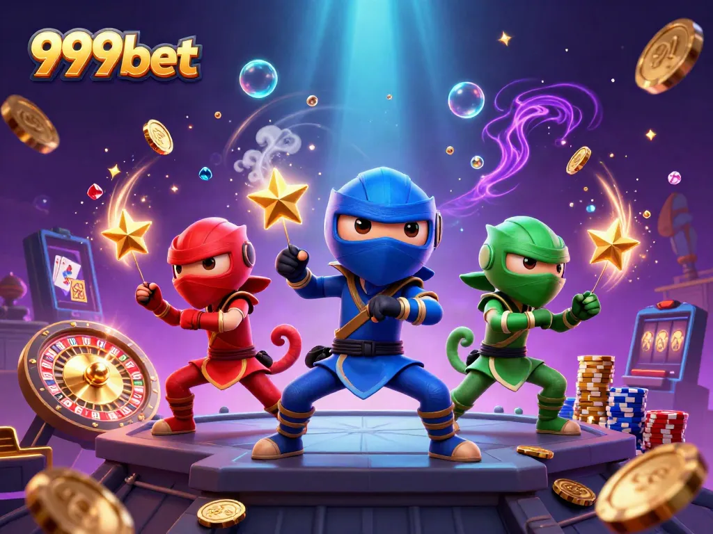 Join the action at 999bet with an animated scene of chameleons throwing golden coins and cards.
