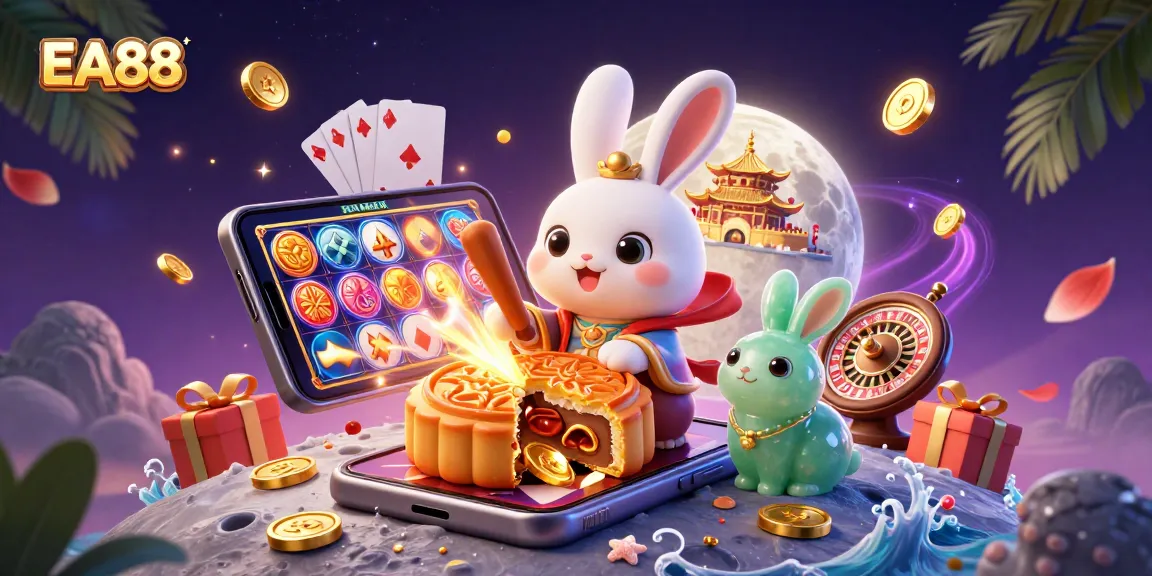 Experience EA88's immersive casino adventure with 3D cartoon characters revealing poker chips amidst vibrant gaming elements.
