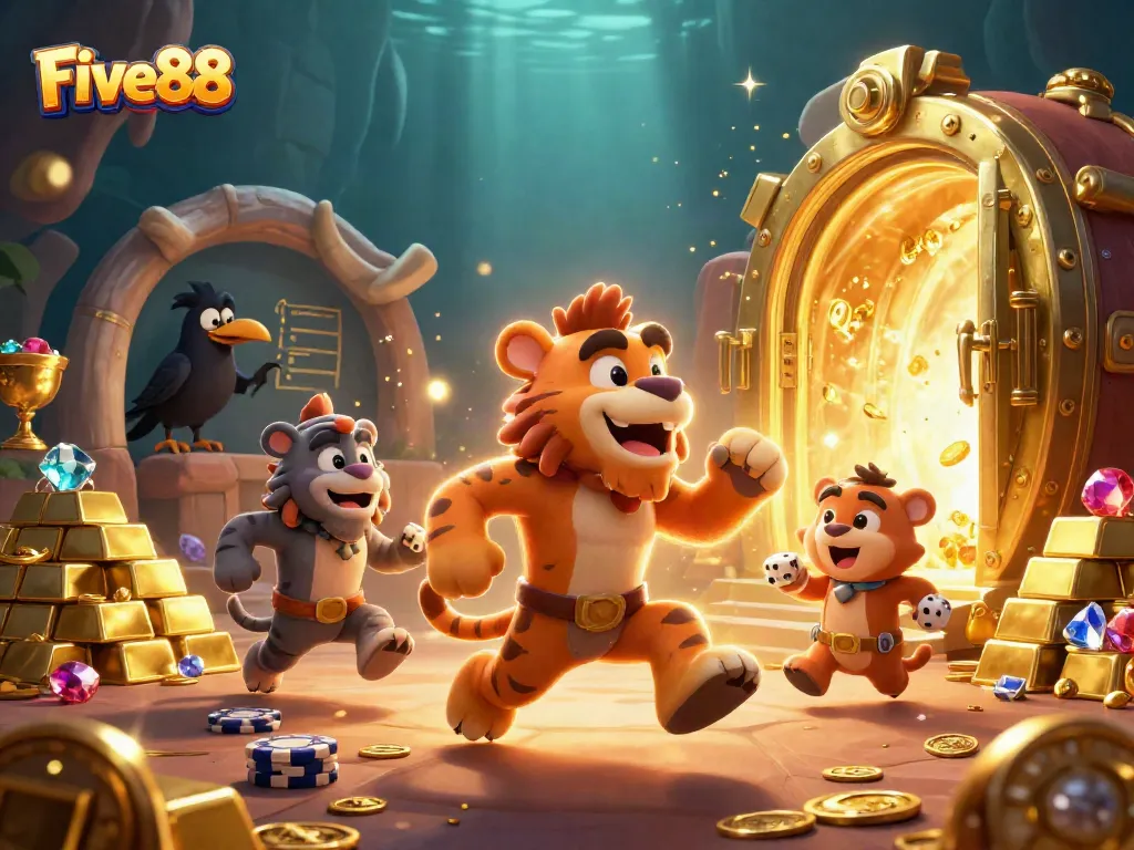 Engage with Five88's dynamic prehistoric casino scene showcasing lively characters and treasures.