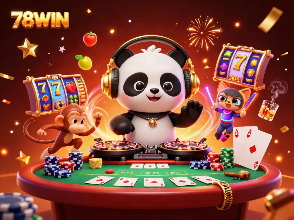 The 78WIN casino features a vibrant party scene with dynamic characters celebrating big wins and jackpot slots.