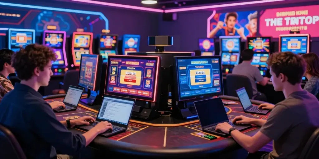 Exciting scene of players enjoying online credit card casinos with vibrant game graphics and lively atmosphere.