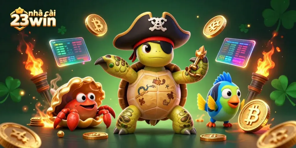 Engage with the exciting casino world of nhà cái 23win in this vibrant 3D scene featuring treasure and crypto elements.