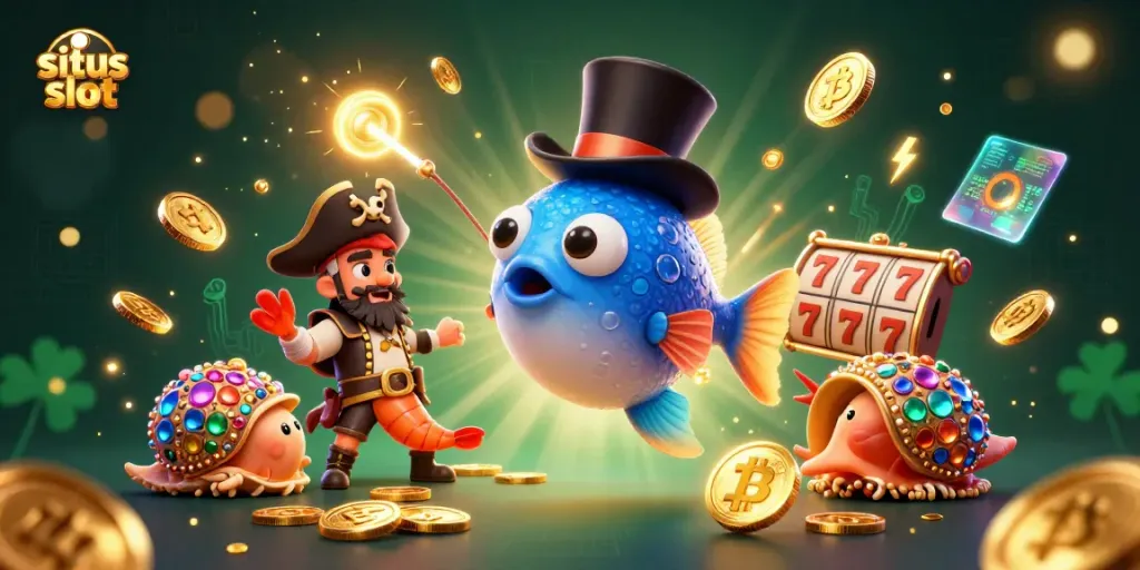 Spin the reels at situs slot featuring vibrant characters attracting coins and jackpots in a vibrant casino scene.