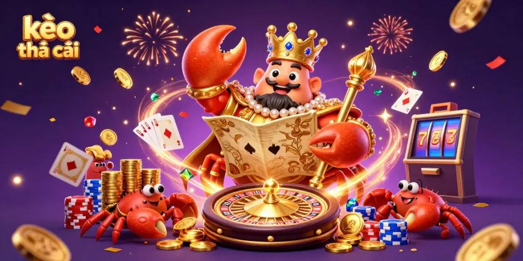 Experience the thrill of kèo nhà cái in this vibrant 3D scene filled with golden crab emperors, chips, and festive elements.