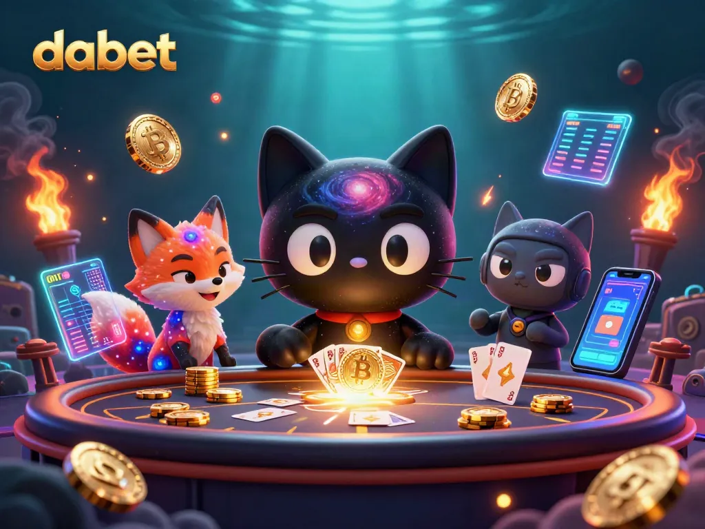Bet on dabet with a cosmic black hole cat at a vibrant online casino table surrounded by crypto coins.
