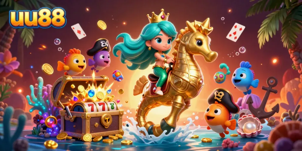 Experience the thrill of slots at uu88 with a vibrant underwater casino scene featuring colorful characters and elements.