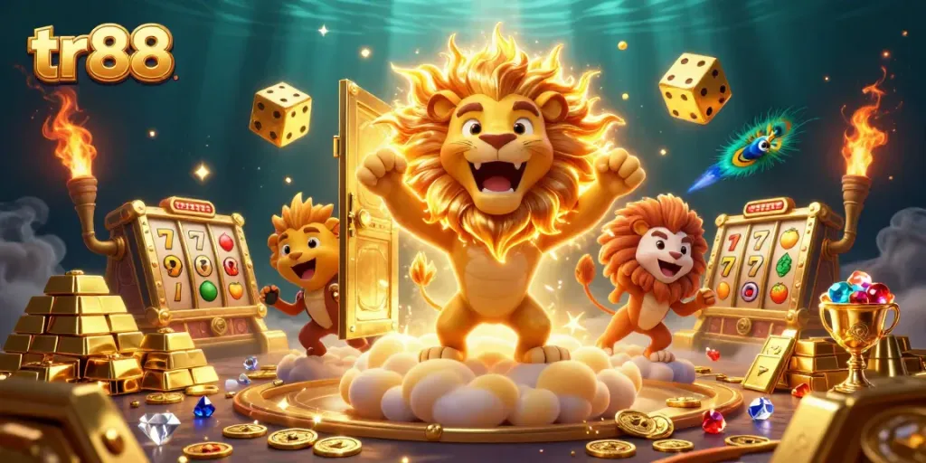 Win big with tr88 in a vibrant casino illustration featuring a roaring lion, golden dice, and slot machine elements.