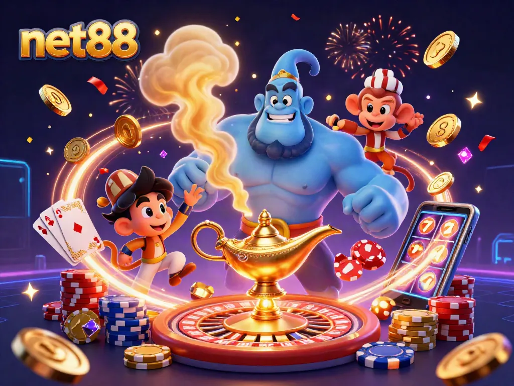 Experience thrilling gaming at net88 with a colorful illustration featuring a blue genie, poker chips, and a vibrant casino scene.