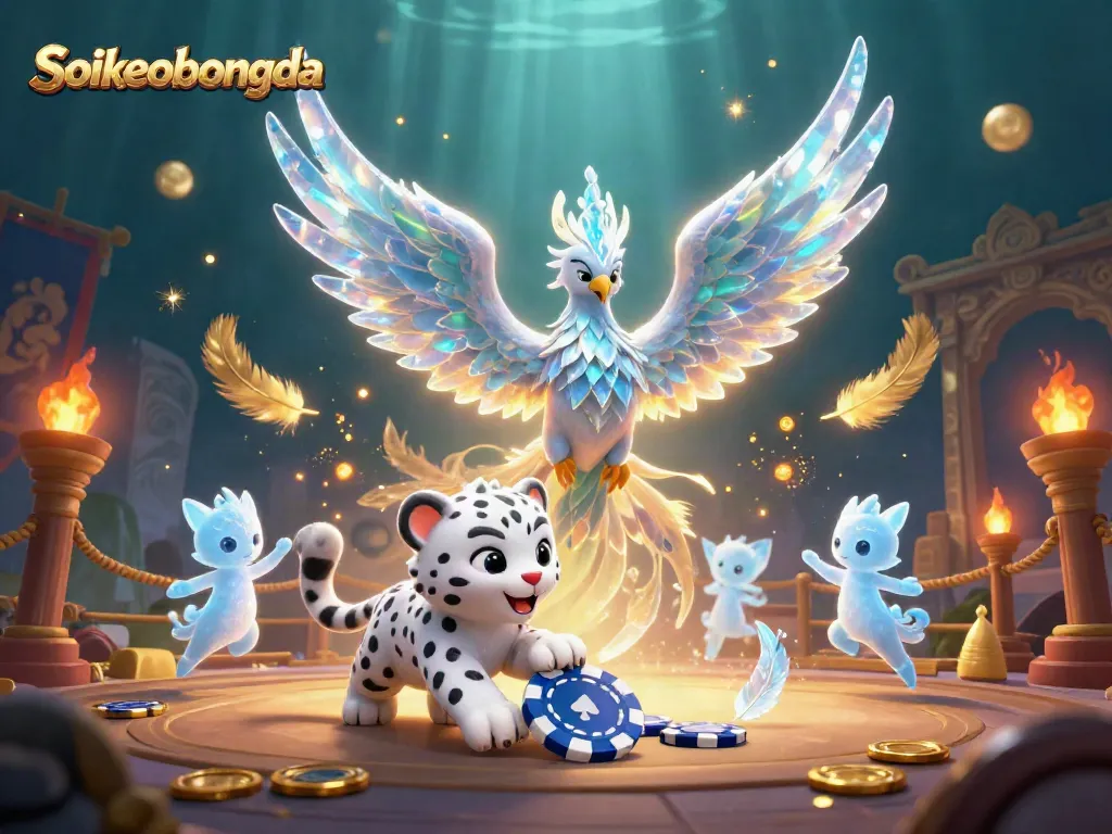 Engage with Soikeobongda’s vibrant 3D gaming scene, showcasing an ice phoenix and playful snow leopard.